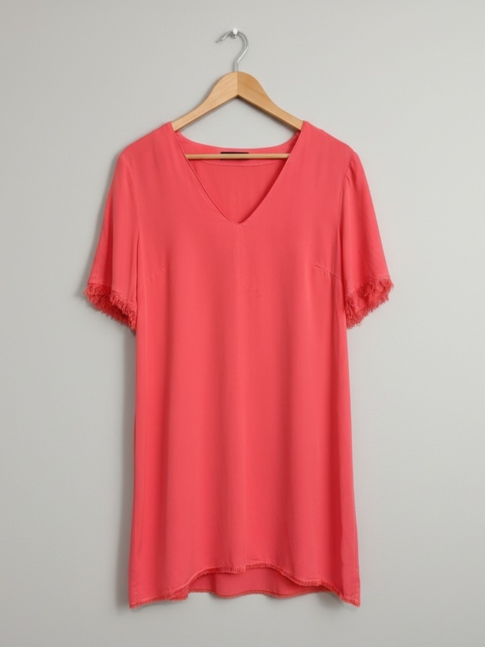 MAVEN WEST Coral Pink Fringe Trim V-Neck Tencel Shift Dress Medium
